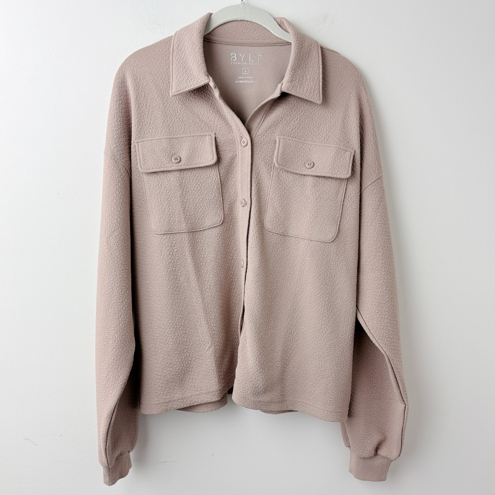 BYLT Serene Shacket‎ Womens Small Dune Beige Minimalist Quiet Luxury Button Up